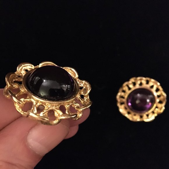 Pierced Earrings Vintage Retro Purple Convex Gold - Picture 8 of 9